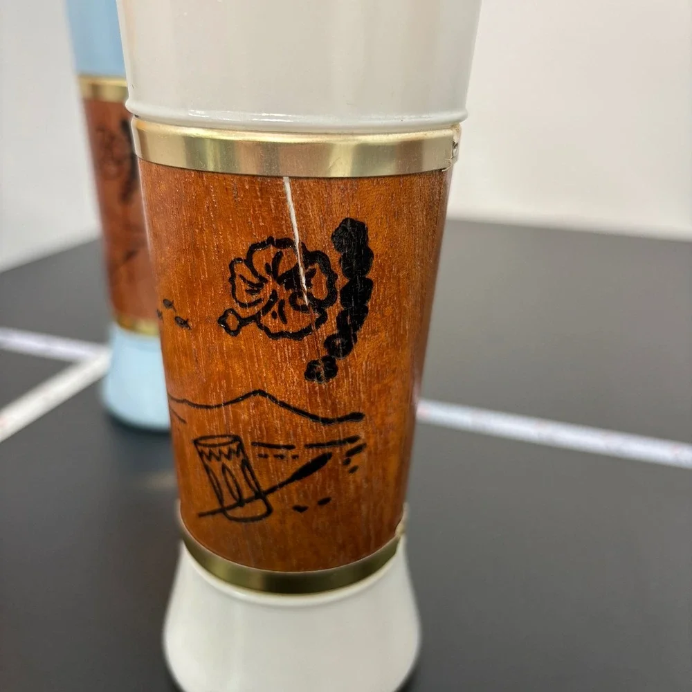 Vintage Siesta Ware Tiki Tumblers 6.5in Multi Color Genuine Mahogany Wood Set 4